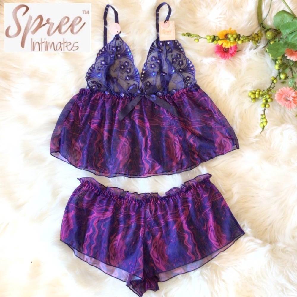 Spree Intimates 2pc Navy Swirl Mesh Camisole Babydoll Nightie Set Size L or XL